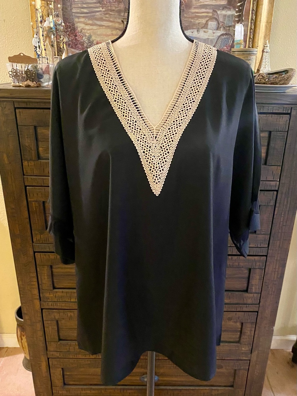 Black Tunic Top with Cream Crochet V-Neck